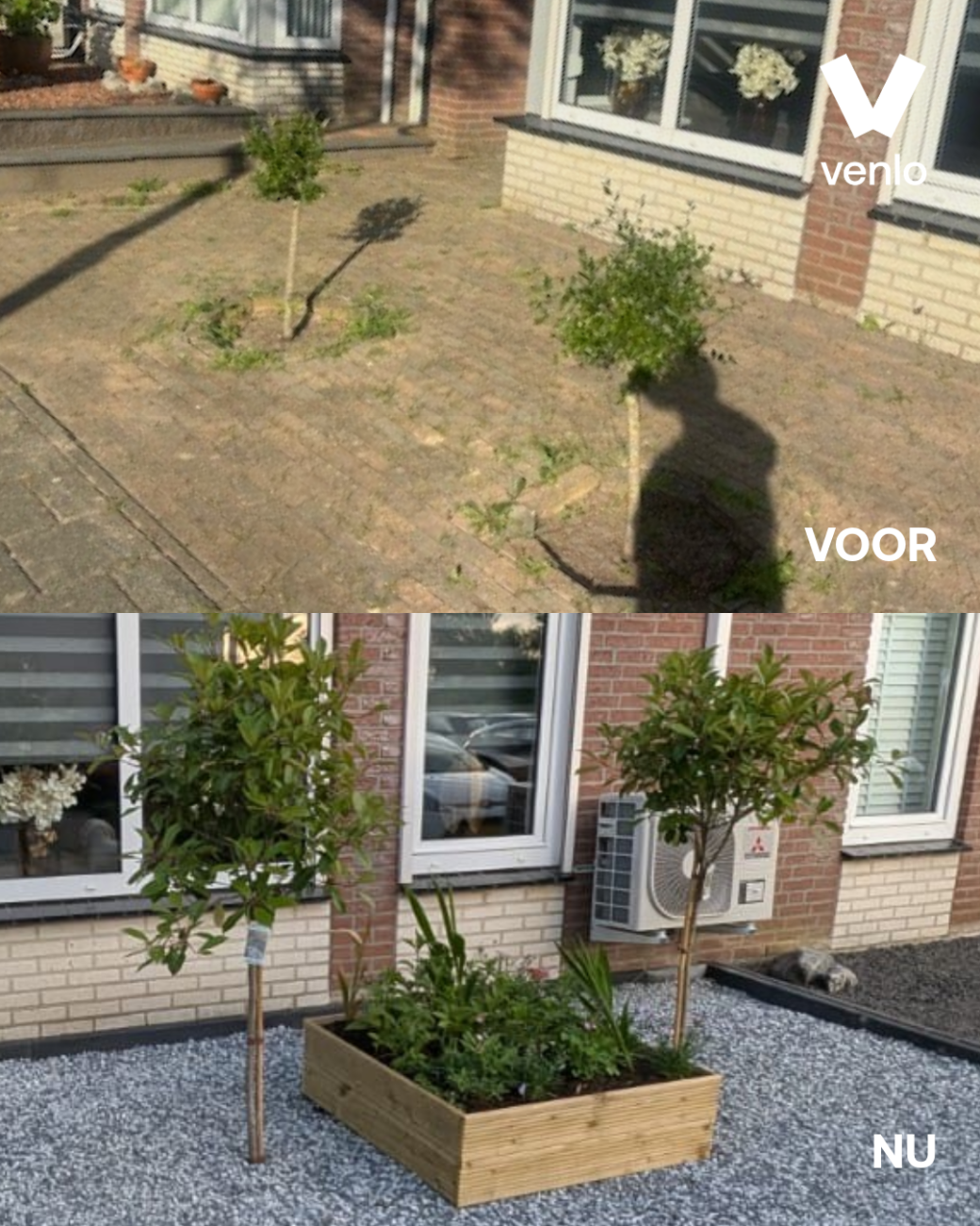 voor en na foto van een tuin vol tegels naar een tuin kiezels