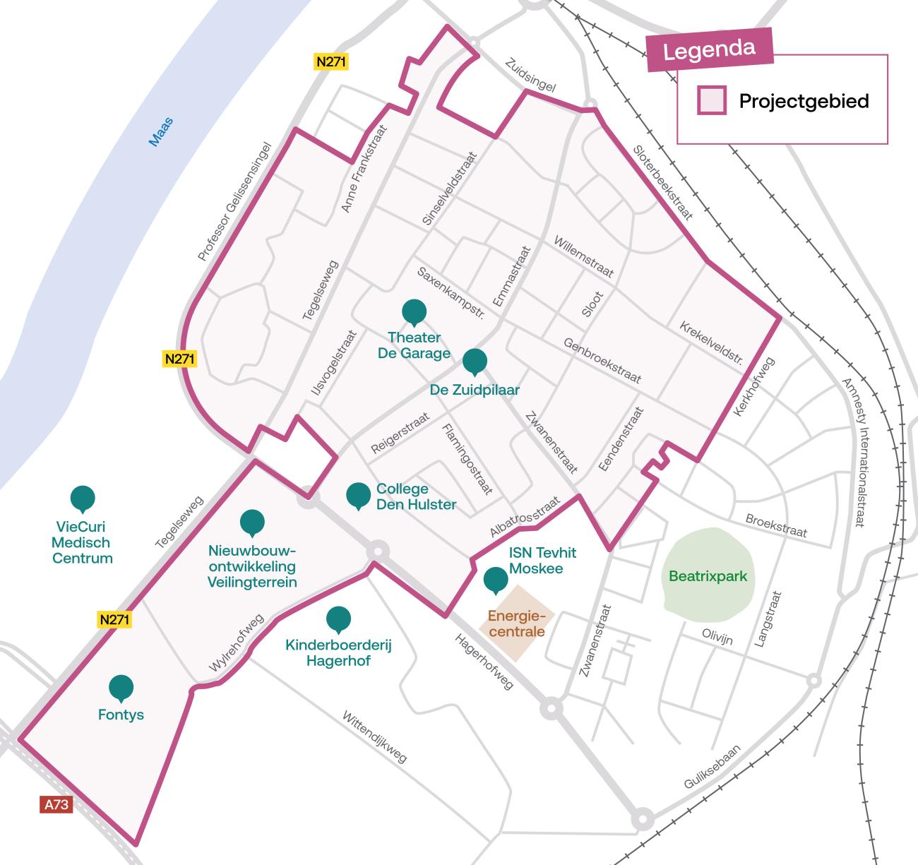 Plattegrond van het hele projectgebied Warmtenet Venlo-Zuid