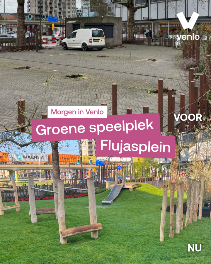Voor en na foto van de groene speelplek op het Flujasplein