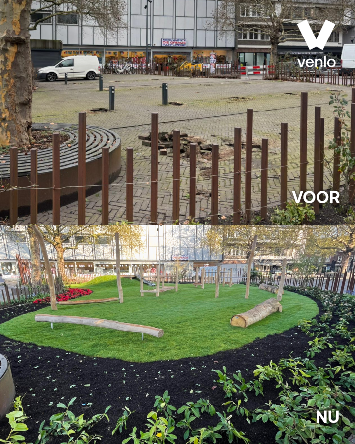 Voor en na foto van de groen speelplek op het Flujasplein